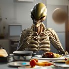 Elongated head alien with sharp teeth at breakfast table