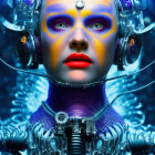 Colorful humanoid robotic figure amidst futuristic machinery with yellow and purple accents.