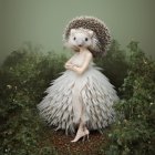 Whimsical hedgehog with human body in feathered gown among greenery