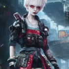 White-Haired Female Character in Cyberpunk Attire with Tattoos and Futuristic Gear