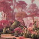 Pink-toned forest with textured trees and plants in fantasy landscape