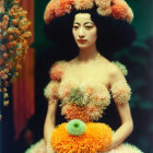 Woman in vibrant floral dress and headpiece against lush green backdrop