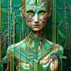 Illustration of woman merging with glowing teal and gold circuitry pattern