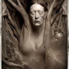 Sepia-Toned Image: Woman with Closed Eyes and Owl on Shoulder