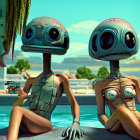 Robotic humanoid figures in swimsuits by tropical pool with drones.