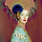 Avant-garde makeup and headpiece on model against red backdrop