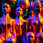 Colorful, bejeweled mannequins under neon lights create surreal display