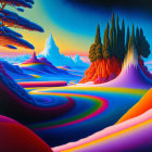 Colorful surreal landscape painting with swirling patterns, fantastical trees, and gradient sky