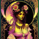 Illustrated woman with purple hair in floral crown on golden crescent moon background.