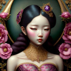 Asian-inspired female figure with elaborate attire and gold accents in a digital artwork surrounded by frames and pink flowers