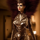 Elaborate metallic costume and futuristic royalty pose against opulent background