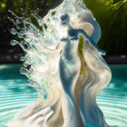 Surreal image of womanly figure in water and milk amidst greenery