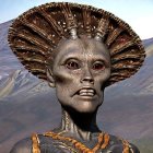 Alien female 3D rendering with ornate head crest and necklace in barren landscape