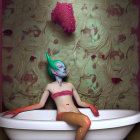 Teal-skinned woman in bathtub with cosmic background and floating pink brain.