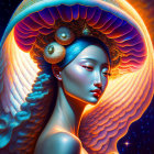 Blue-skinned woman with peacock-like headwear in starry setting