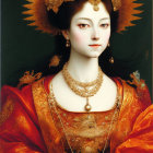 Portrait of Woman in Golden Dragon Headdress and Ornate Orange Attire