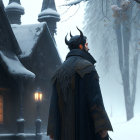 Person in dark cloak with horns by lantern-lit cabin in snowy landscape
