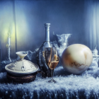 Luxurious white flowers, wine glasses, decanter, and ornate vessels on snowy backdrop