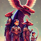 Child with dragons and armed figures in fiery digital artwork