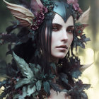 Fantasy portrait of female character with blue skin and golden eyes wearing ornate feathered headdress.