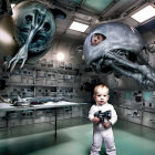 Baby in White Suit in Futuristic Room with Robotic Arms