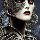 Futuristic female figure with metallic headgear and facial adornments