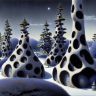 Snow-covered trees in surreal dual-moon landscape