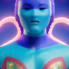 Futuristic female portrait with vibrant blue skin and cosmic theme