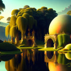 Fantasy landscape with arching stone gateways and weeping willow-like trees