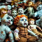 Assorted weathered dolls with varied expressions and clothing