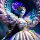 Elaborate Blue and Purple Costume with Regal Crown and Ruff Collar