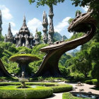 Fantastical garden with dragon-shaped topiaries and rocky formations