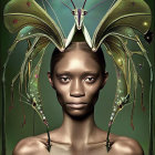 Digital artwork featuring woman with dragonfly headdress on green backdrop