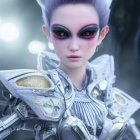 Female character with violet hair in futuristic armor and floral details