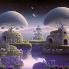 Tranquil fantasy landscape with large trees, whimsical houses, serene waters, and birds.