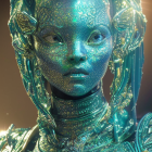 Detailed digital artwork: Teal-skinned figure in intricate jewel-encrusted attire