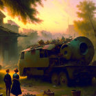 Abandoned futuristic vehicle in post-apocalyptic setting with children playing under dramatic sky