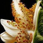 Close-up of white and yellow flower with stamens and insect on petal on black background