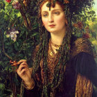 Intricate portrait of woman with gold jewelry in lush green setting