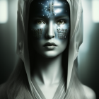 Blue facial paint and gold embellishments on a futuristic portrait.