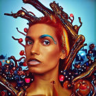 Woman with artistic makeup and twig & berry headdress on blue background