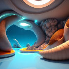 Surreal 3D landscape with organic rock formations and glowing ring in sky