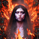 Portrait of woman with fiery-themed makeup in mystical setting