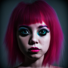 Vibrant pink hair and blue eye makeup on person against dark background