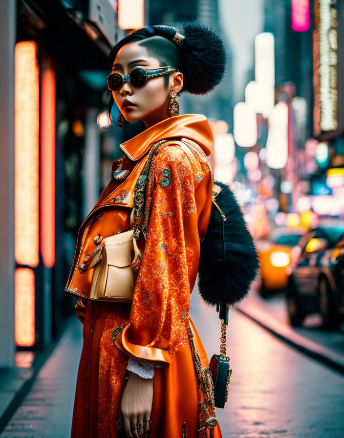 Fashionable woman in orange dress and coat on busy city street with neon signs and taxis.