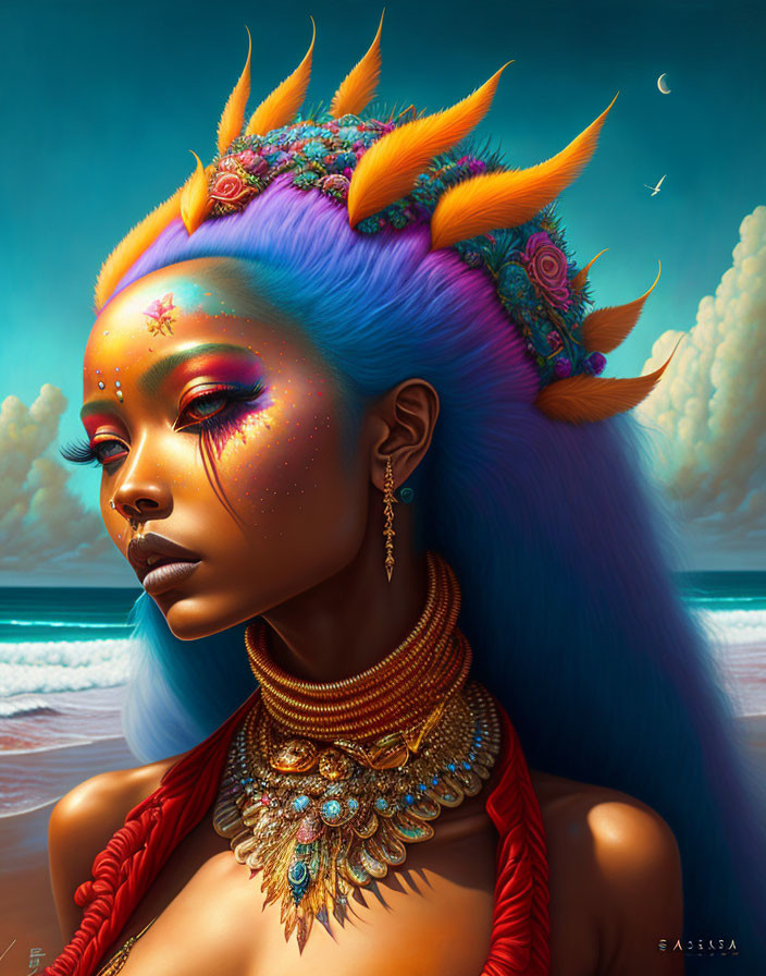 Blue-skinned woman with vibrant hair in sun headpiece on surreal beach.