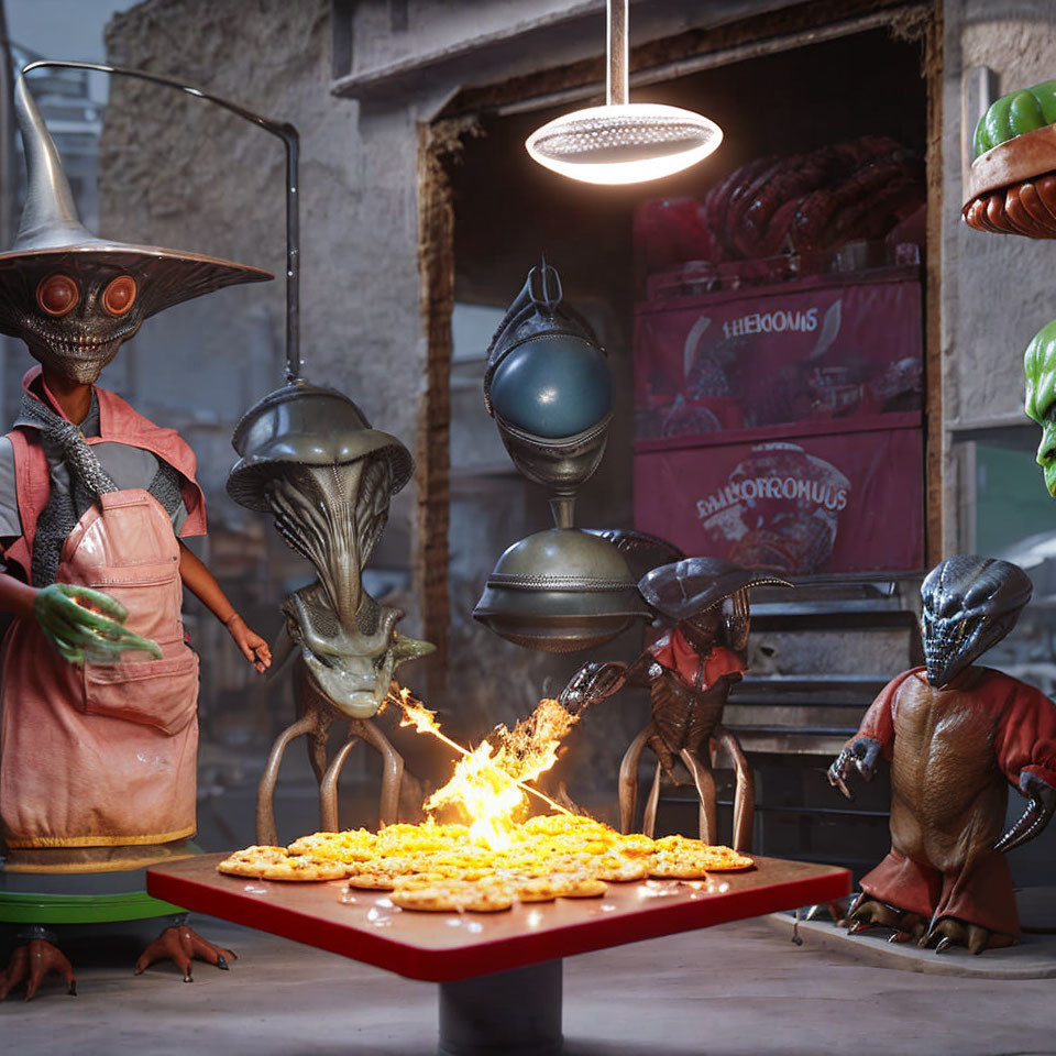 Family of Alien Creatures Cooking Pizza-Like Dish in Kitchen Setting