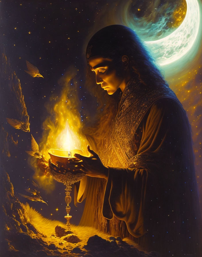 Mystical figure in ornate garb gazes at radiant flame under crescent moon