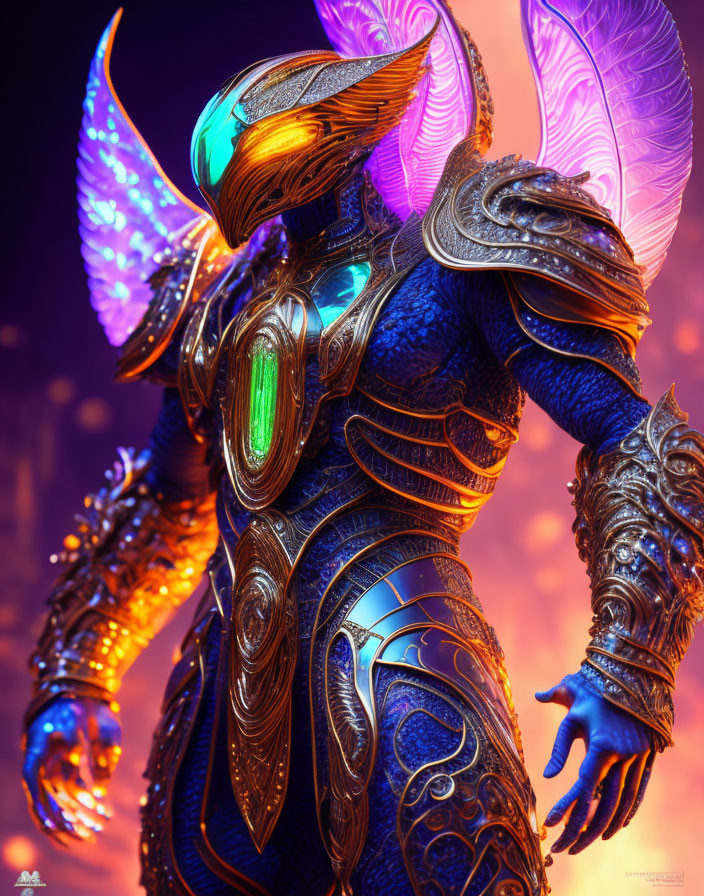 Fantasy armor design with glowing blue, golden details, and feather-like shoulder adornments