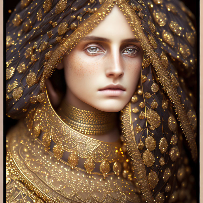 Portrait of a person with striking blue eyes and golden veil and jewelry